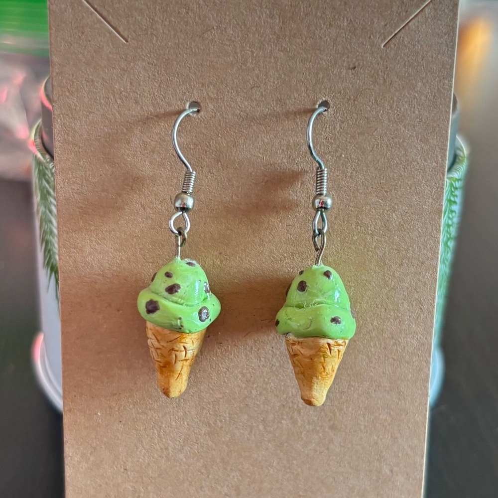 Mint Chocolate Chip Ice Cream Cone Earrings